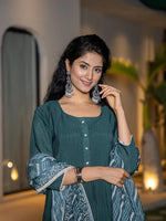 Thumbnail for Yufta Teal Blue Embroidered A-Line Kurta Dupatta Set - Distacart