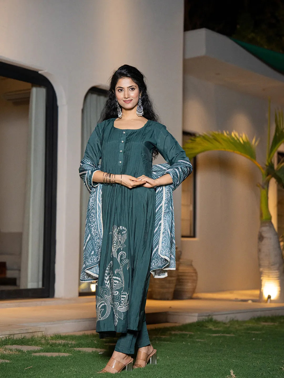 Yufta Teal Blue Embroidered A-Line Kurta Dupatta Set - Distacart