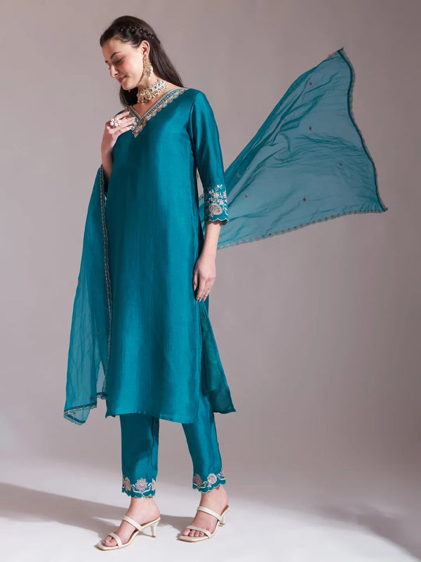 Yufta Teal Blue Embroidered Kurta With Pant And Dupatta Comes With Cotton Lining