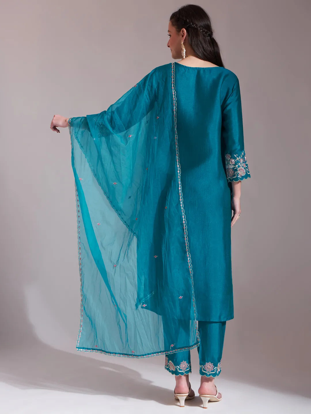 Yufta Teal Blue Embroidered Kurta With Pant And Dupatta Comes With Cotton Lining