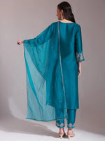 Thumbnail for Yufta Teal Blue Embroidered Kurta With Pant And Dupatta Comes With Cotton Lining