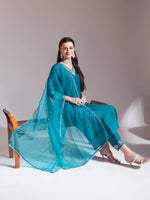 Thumbnail for Yufta Teal Blue Embroidered Kurta With Pant And Dupatta Comes With Cotton Lining