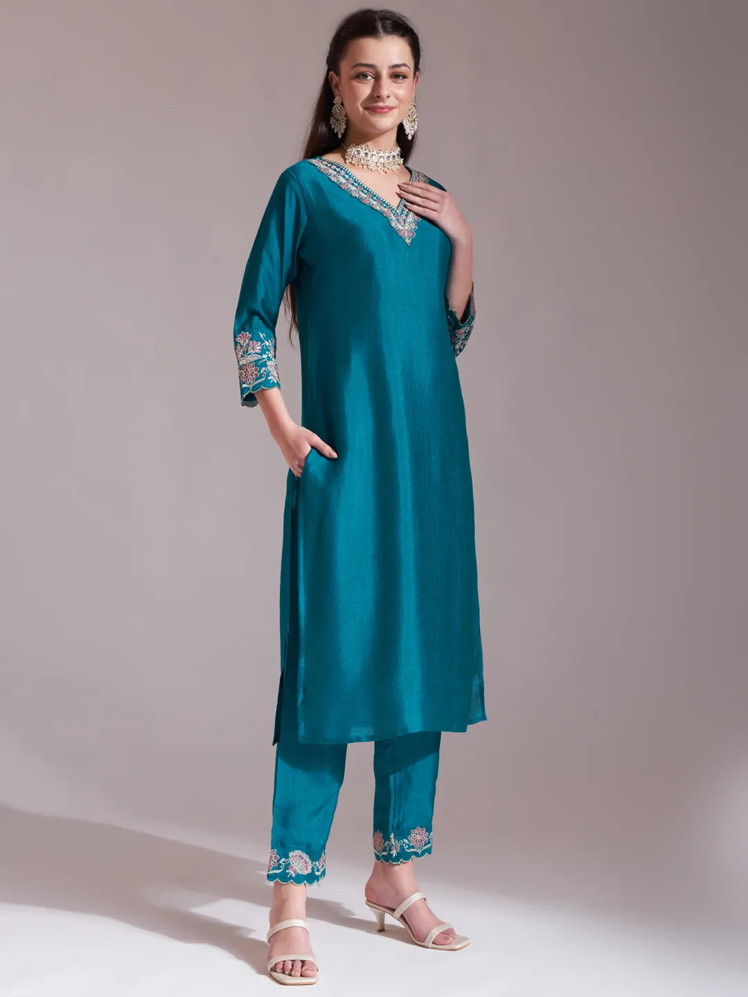 Yufta Teal Blue Embroidered Kurta With Pant And Dupatta Comes With Cotton Lining