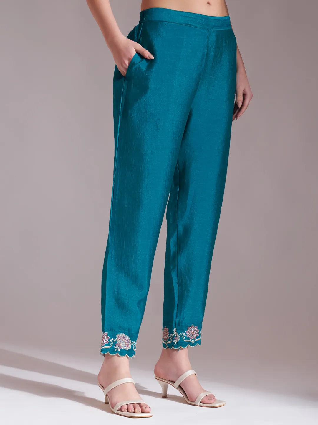 Yufta Teal Blue Embroidered Kurta With Pant And Dupatta Comes With Cotton Lining