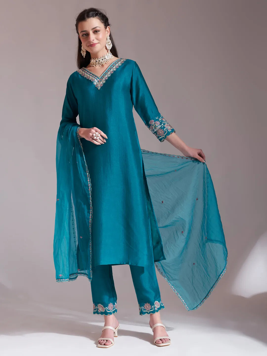 Yufta Teal Blue Embroidered Kurta With Pant And Dupatta Comes With Cotton Lining - Distacart