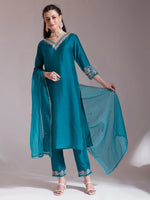 Thumbnail for Yufta Teal Blue Embroidered Kurta With Pant And Dupatta Comes With Cotton Lining
