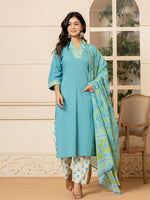 Thumbnail for Yufta Teal Cotton Embroidered Kurta Dupatta Set - Distacart