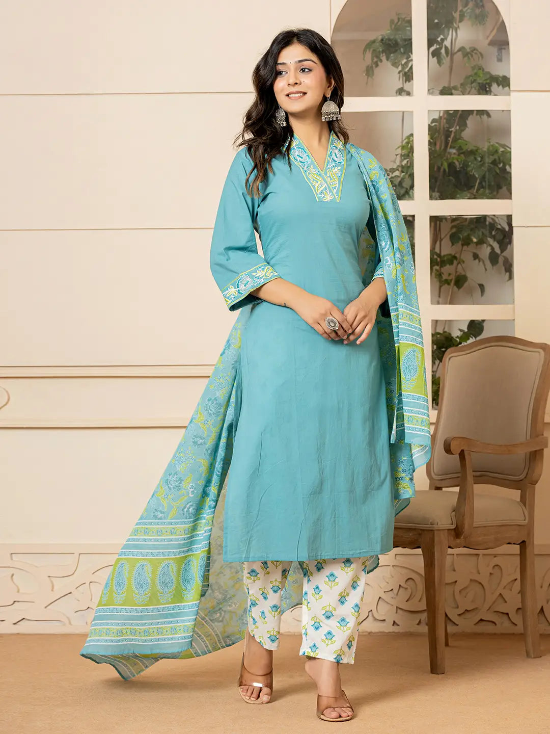 Yufta Teal Cotton Embroidered Kurta Dupatta Set - Distacart
