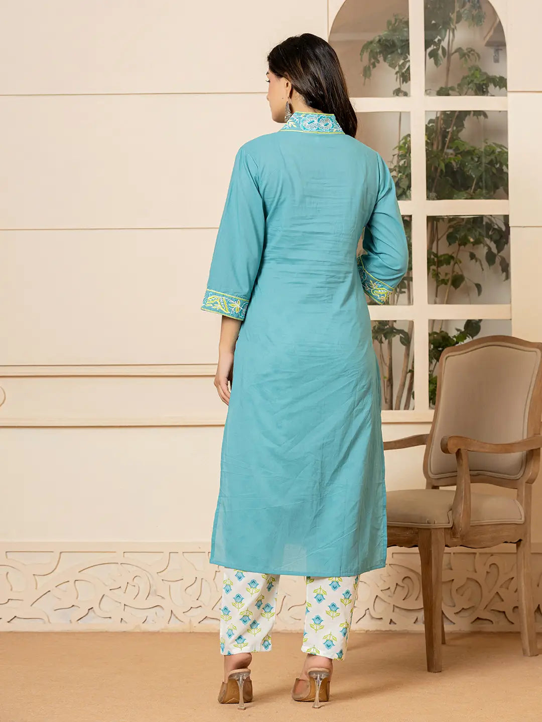 Yufta Teal Cotton Embroidered Kurta Dupatta Set - Distacart