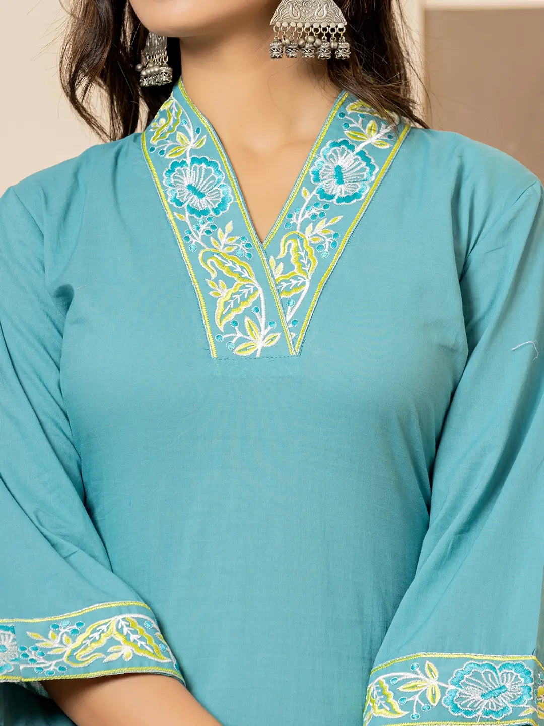 Yufta Teal Cotton Embroidered Kurta Dupatta Set - Distacart