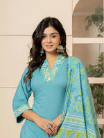 Thumbnail for Yufta Teal Cotton Embroidered Kurta Dupatta Set - Distacart
