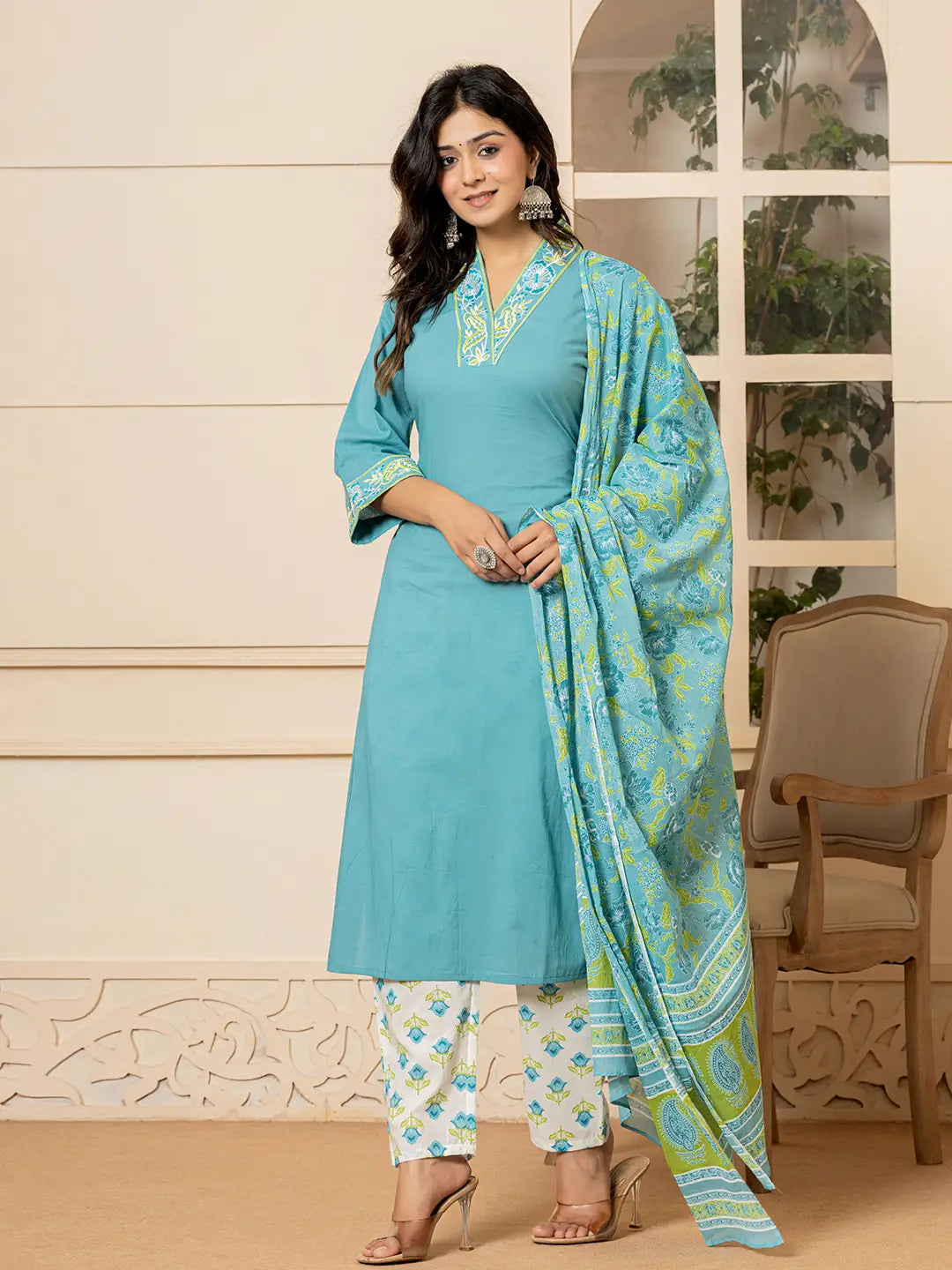 Yufta Teal Cotton Embroidered Kurta Dupatta Set - Distacart