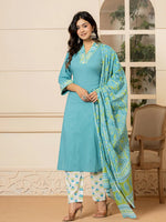 Thumbnail for Yufta Teal Cotton Embroidered Kurta Dupatta Set - Distacart