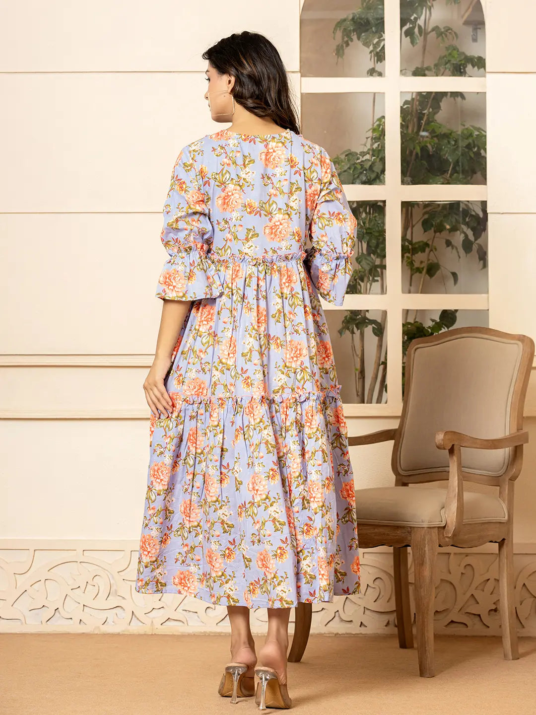 Yufta Violet Cotton Floral Print Tiered Dress With Ruffles