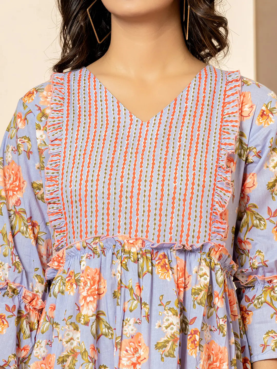 Yufta Violet Cotton Floral Print Tiered Dress With Ruffles