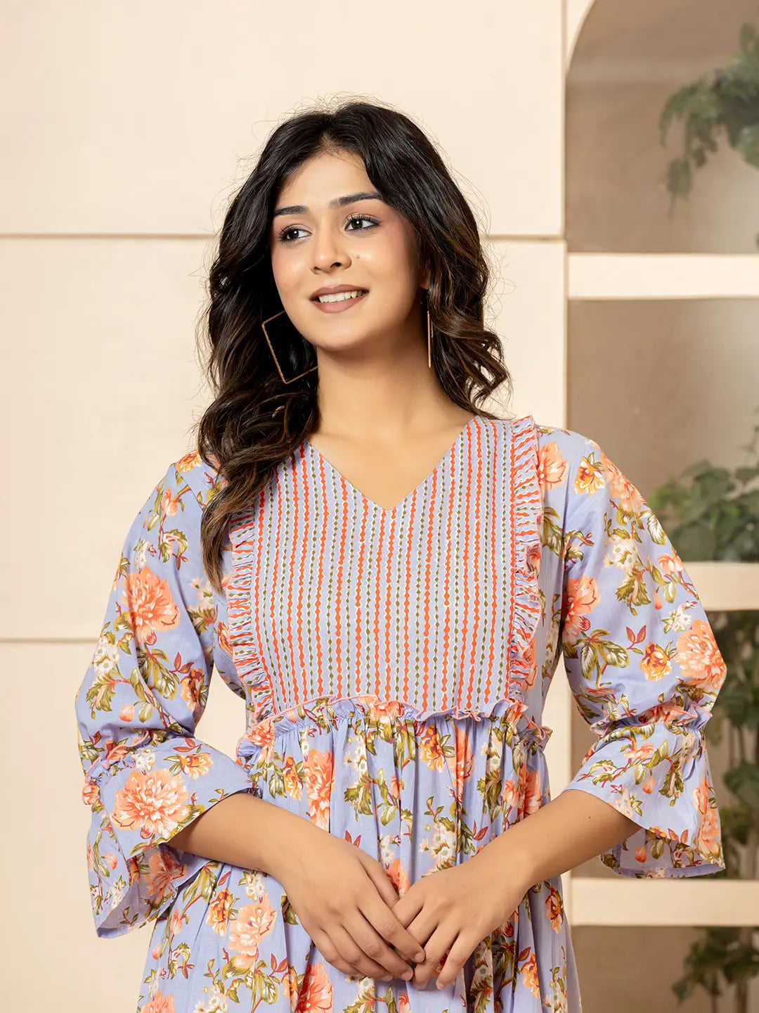 Yufta Violet Cotton Floral Print Tiered Dress With Ruffles