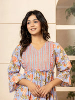 Thumbnail for Yufta Violet Cotton Floral Print Tiered Dress With Ruffles