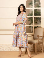 Thumbnail for Yufta Violet Cotton Floral Print Tiered Dress With Ruffles