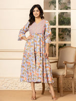 Thumbnail for Yufta Violet Cotton Floral Print Tiered Dress With Ruffles