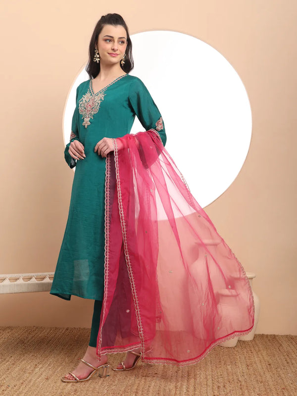 Yufta Teal Green Embroidered Kurta With Pant And Dupatta Comes With Cotton Lining