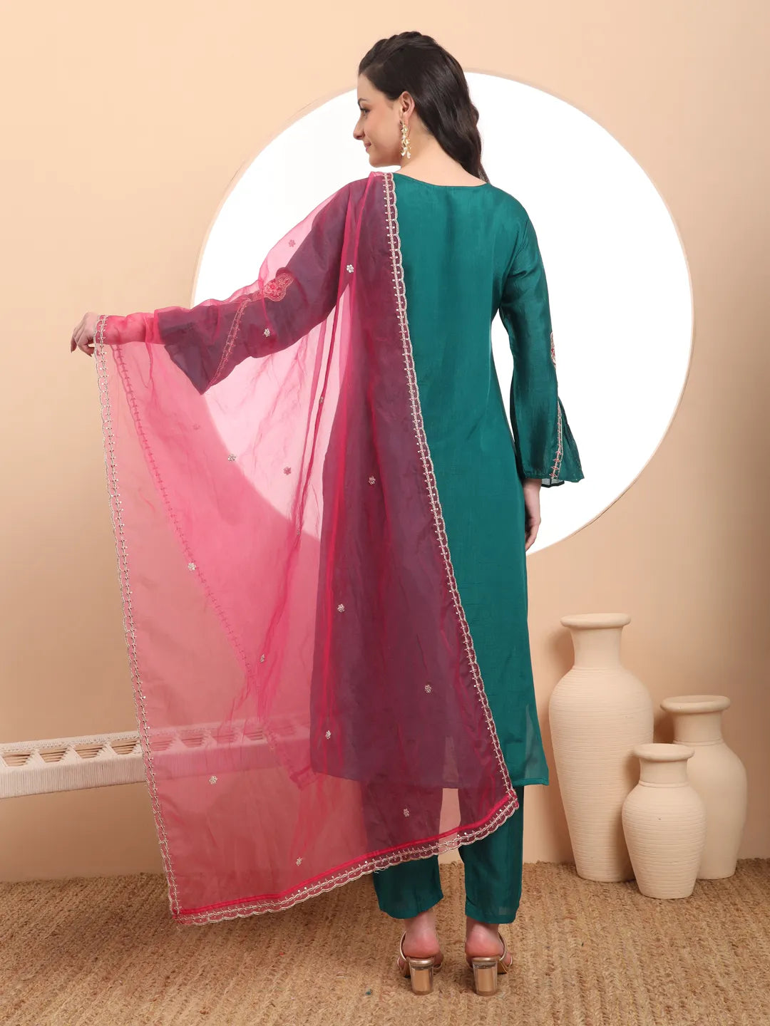 Yufta Teal Green Embroidered Kurta With Pant And Dupatta Comes With Cotton Lining