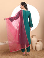 Thumbnail for Yufta Teal Green Embroidered Kurta With Pant And Dupatta Comes With Cotton Lining