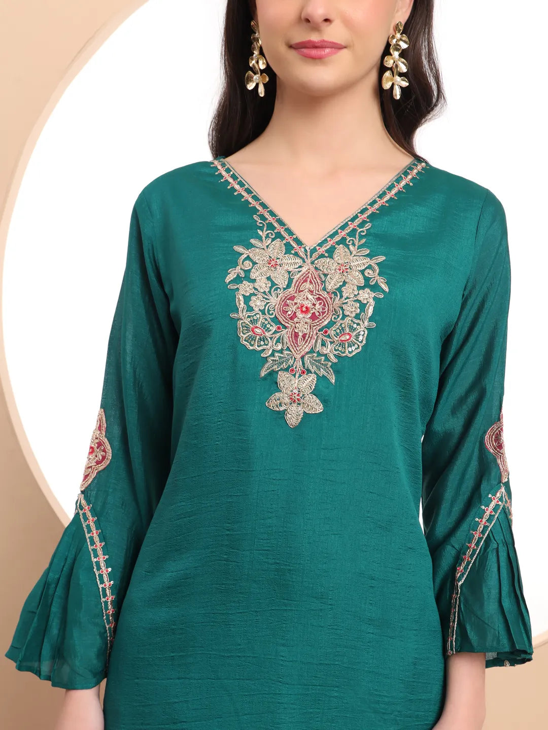 Yufta Teal Green Embroidered Kurta With Pant And Dupatta Comes With Cotton Lining