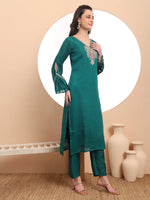 Thumbnail for Yufta Teal Green Embroidered Kurta With Pant And Dupatta Comes With Cotton Lining