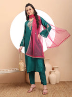 Thumbnail for Yufta Teal Green Embroidered Kurta With Pant And Dupatta Comes With Cotton Lining