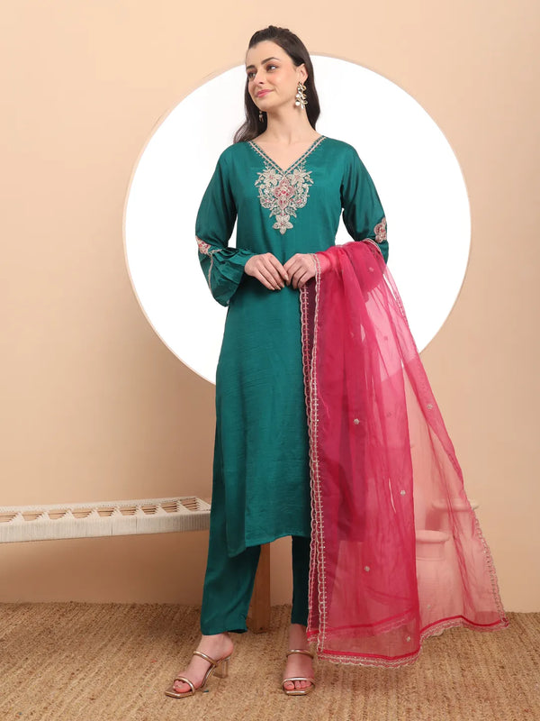 Yufta Teal Green Embroidered Kurta With Pant And Dupatta Comes With Cotton Lining