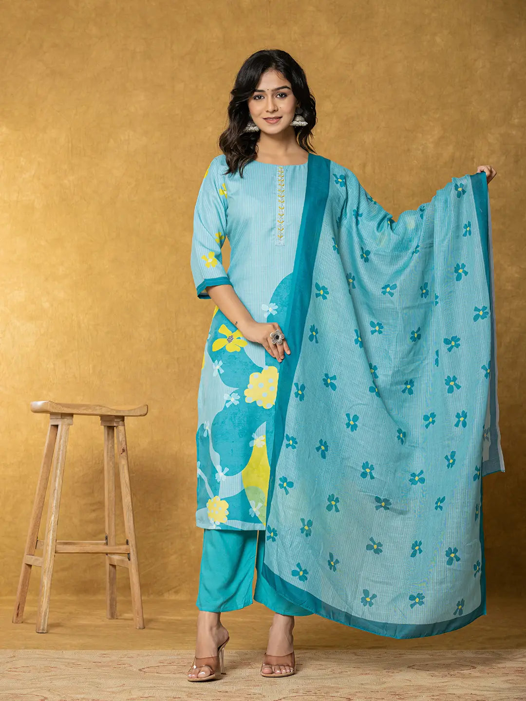Yufta Teal Green Linen Kurta Dupatta Pant Set - Distacart