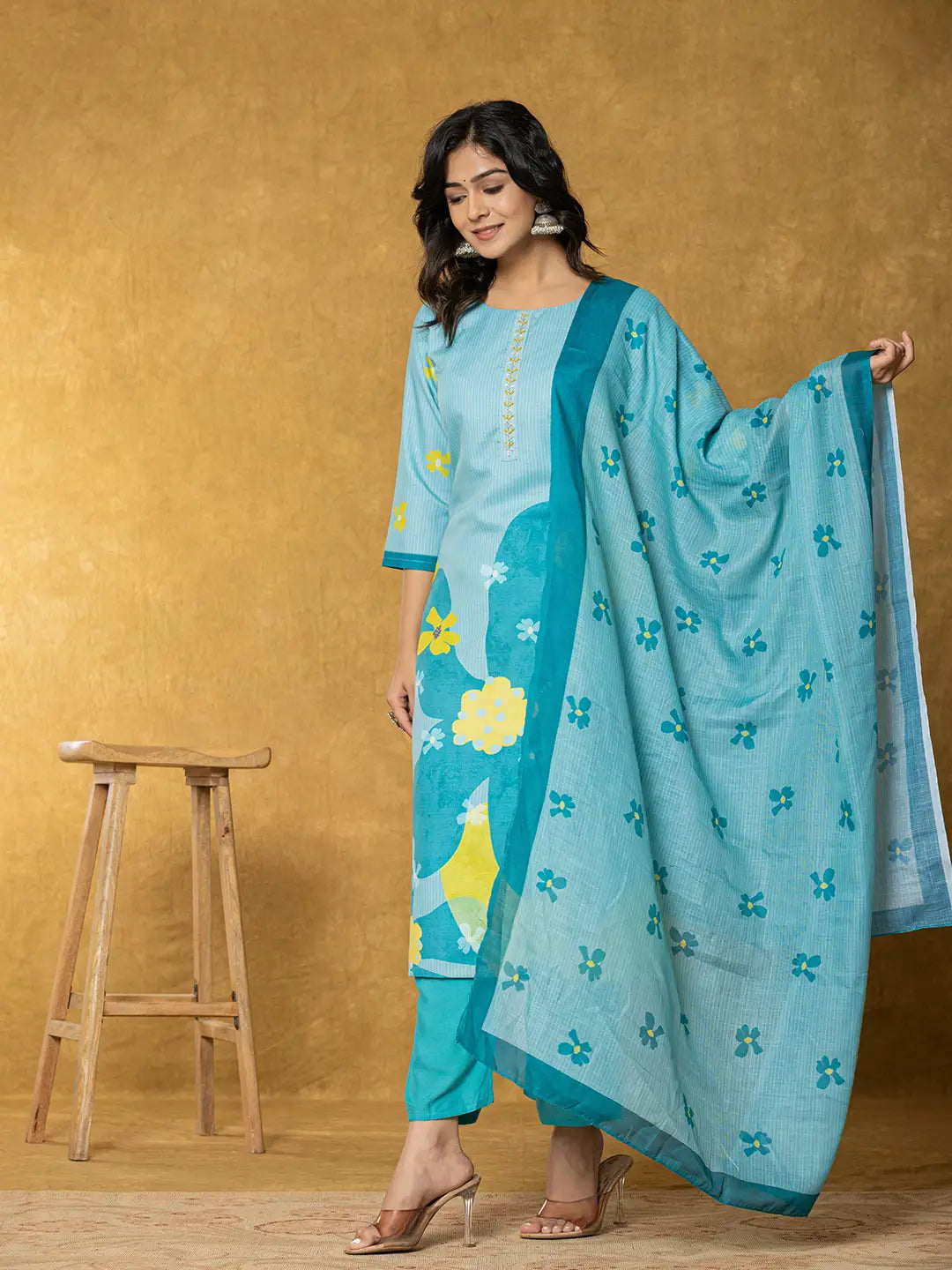 Yufta Teal Green Linen Kurta Dupatta Pant Set - Distacart