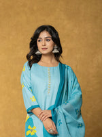 Thumbnail for Yufta Teal Green Linen Kurta Dupatta Pant Set