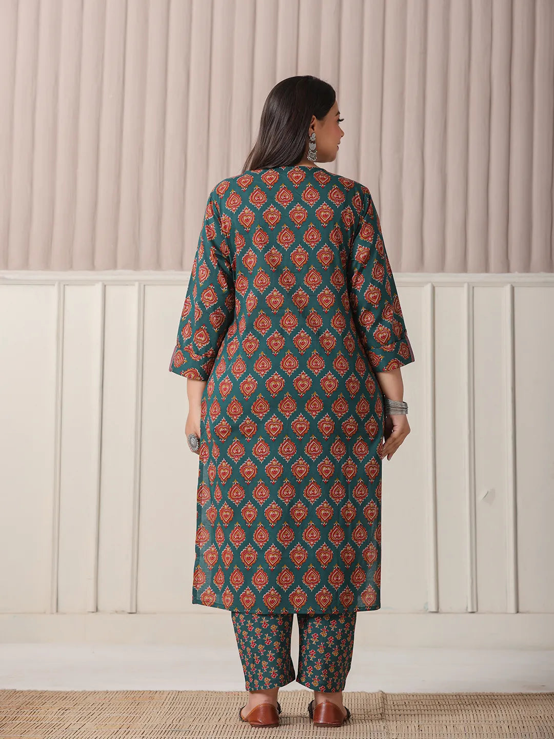 Yufta Teal Green Pure Cotton Sequins-Cutdana Work Kurta Dupatta Pant Set