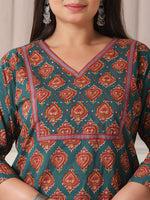 Thumbnail for Yufta Teal Green Pure Cotton Sequins-Cutdana Work Kurta Dupatta Pant Set