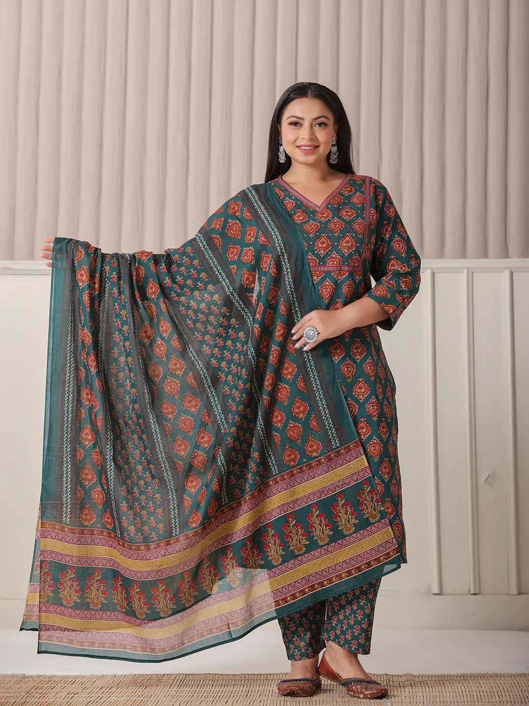 Yufta Teal Green Pure Cotton Sequins-Cutdana Work Kurta Dupatta Pant Set