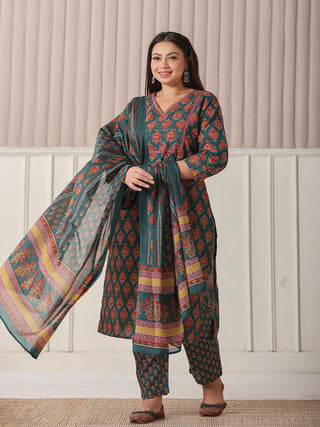 Yufta Teal Green Pure Cotton Sequins-Cutdana Work Kurta Dupatta Pant Set