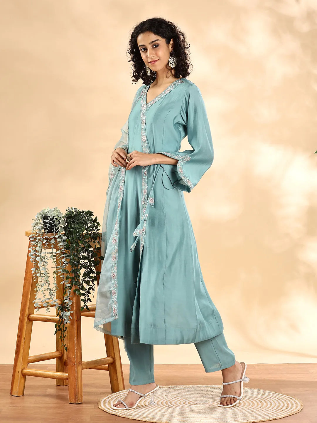 Yufta Teal Green Silk Embroidered Angrakha Kurta Pant Set With Organza Dupatta Set - Distacart