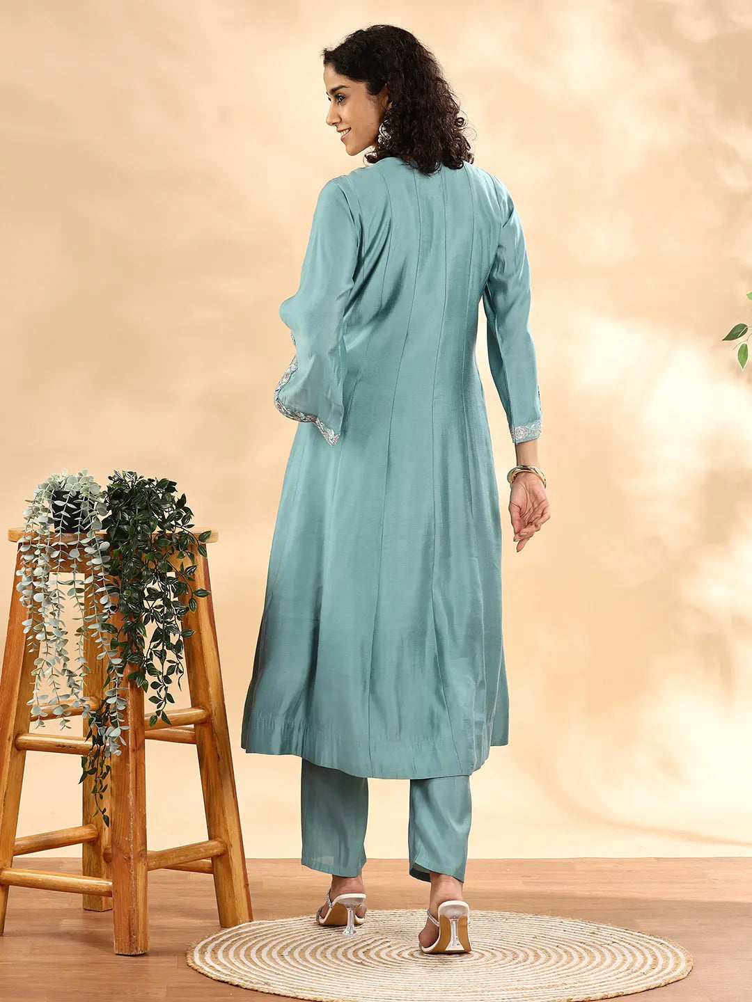 Yufta Teal Green Silk Embroidered Angrakha Kurta Pant Set With Organza Dupatta Set