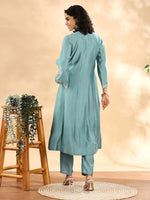 Thumbnail for Yufta Teal Green Silk Embroidered Angrakha Kurta Pant Set With Organza Dupatta Set