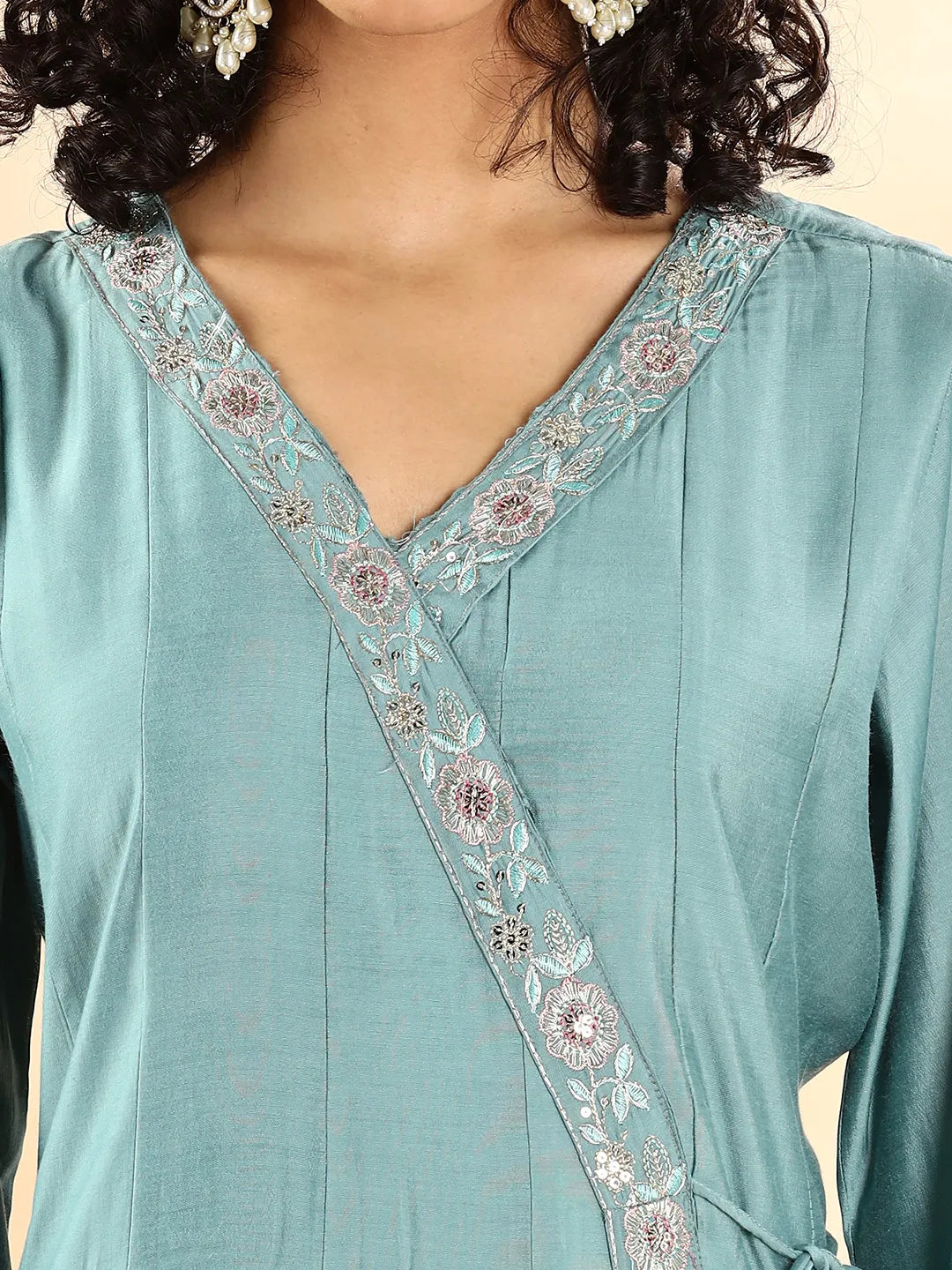Yufta Teal Green Silk Embroidered Angrakha Kurta Pant Set With Organza Dupatta Set