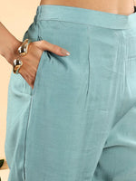 Thumbnail for Yufta Teal Green Silk Embroidered Angrakha Kurta Pant Set With Organza Dupatta Set