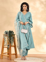 Thumbnail for Yufta Teal Green Silk Embroidered Angrakha Kurta Pant Set With Organza Dupatta Set