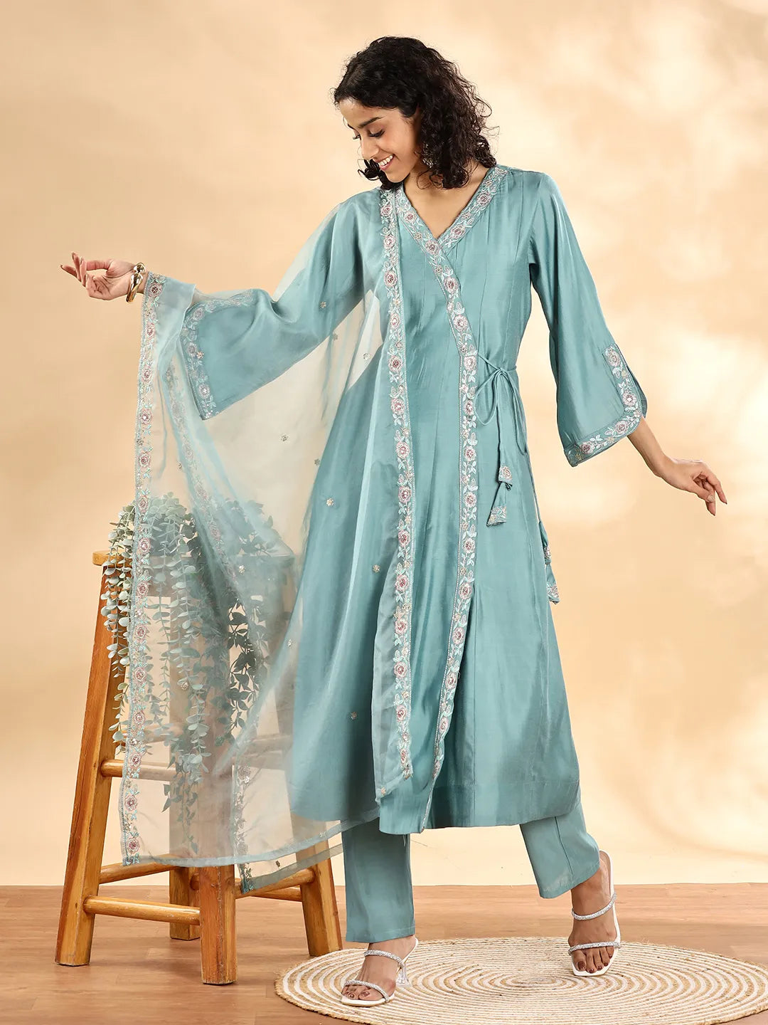 Yufta Teal Green Silk Embroidered Angrakha Kurta Pant Set With Organza Dupatta Set