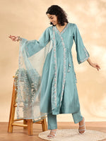 Thumbnail for Yufta Teal Green Silk Embroidered Angrakha Kurta Pant Set With Organza Dupatta Set