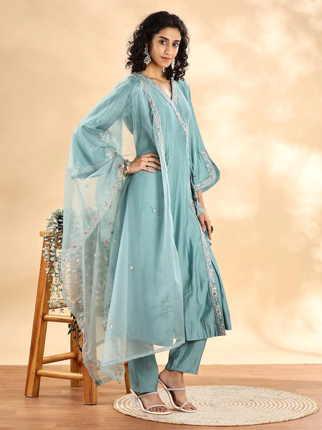 Yufta Teal Green Silk Embroidered Angrakha Kurta Pant Set With Organza Dupatta Set - Distacart