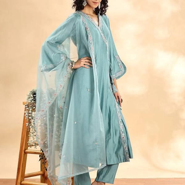 Yufta Teal Green Silk Embroidered Angrakha Kurta Pant Set With Organza Dupatta Set - Distacart