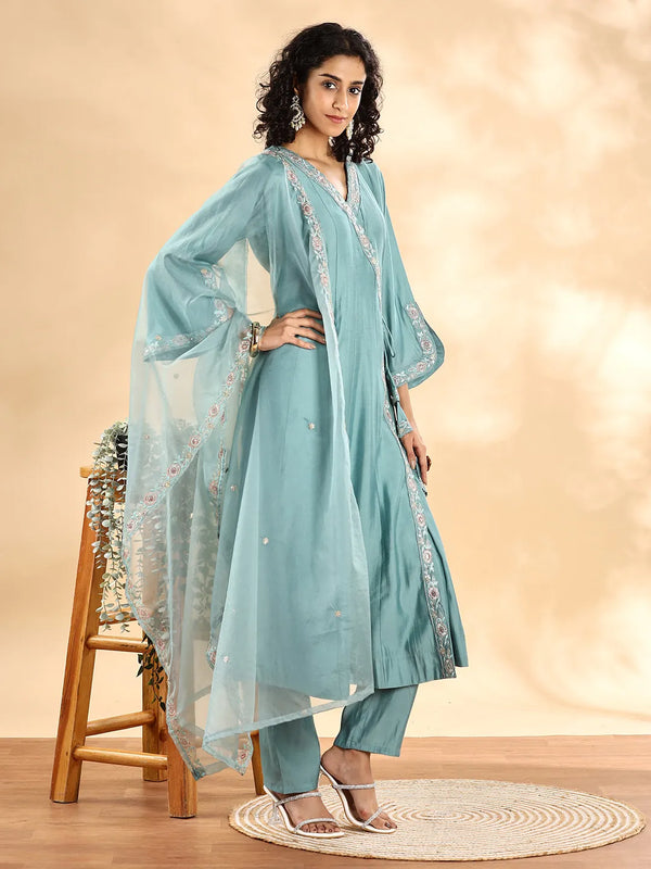 Yufta Teal Green Silk Embroidered Angrakha Kurta Pant Set With Organza Dupatta Set
