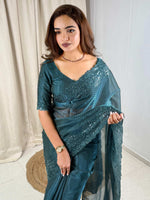 Thumbnail for Evanik Teal Glass Satin Jecquard Weaving With Thread Sequence Work Saree With Blouse - Distacart