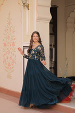 Thumbnail for Evanik Teal Faux Blooming With Sequins & Zari Embroidered work Gown